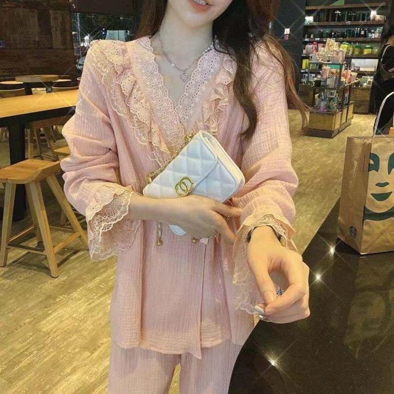 

Spring And Autumn Light Mature Wind French Retro Lace Design Sense Pajamas Women S Kimono Long Sleeve Homewear Set M
