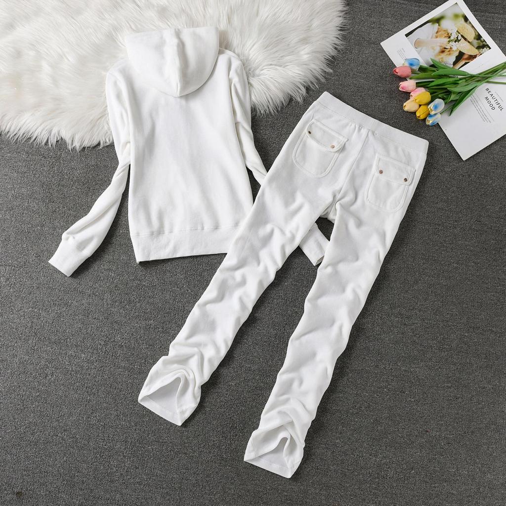 Velvet Sportswomen's Fashionable Hooded Cardigan & Wide-Leg Pants Slim-Fit Two-Piece Set.