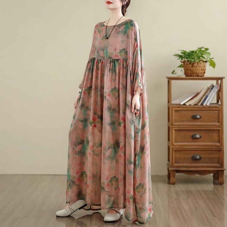 Vintage Floral Print Long Sleeve Maxi Dress for Women Plus Size Oversize Loose Casual Spring Basic Long Dress