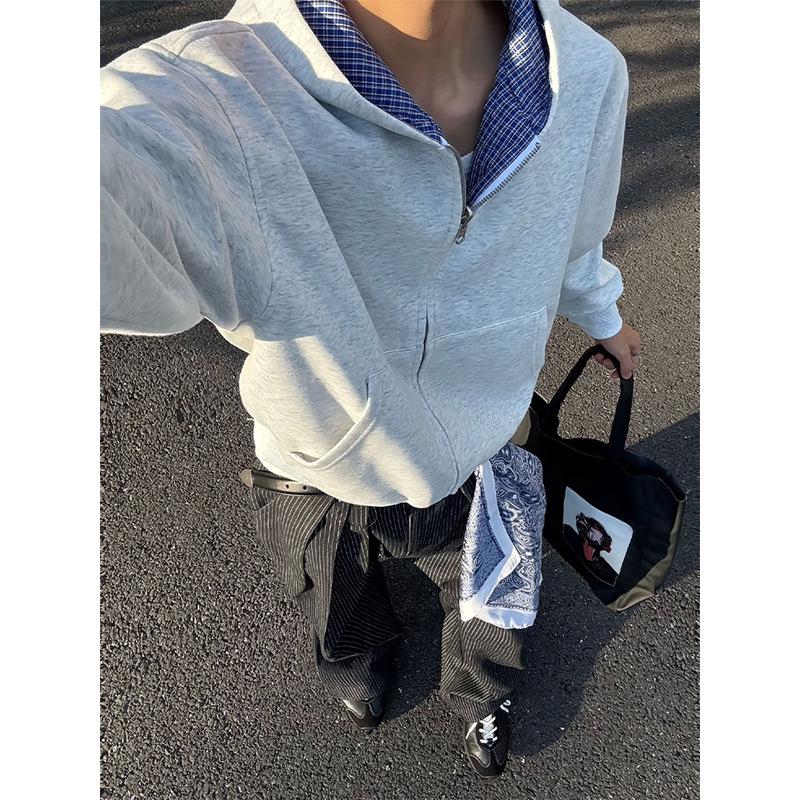 Men s Reversible Gray Plaid Hoodie Cardigan - Autumn, High-End, Heavy-Weight, Couple s Style XXXL