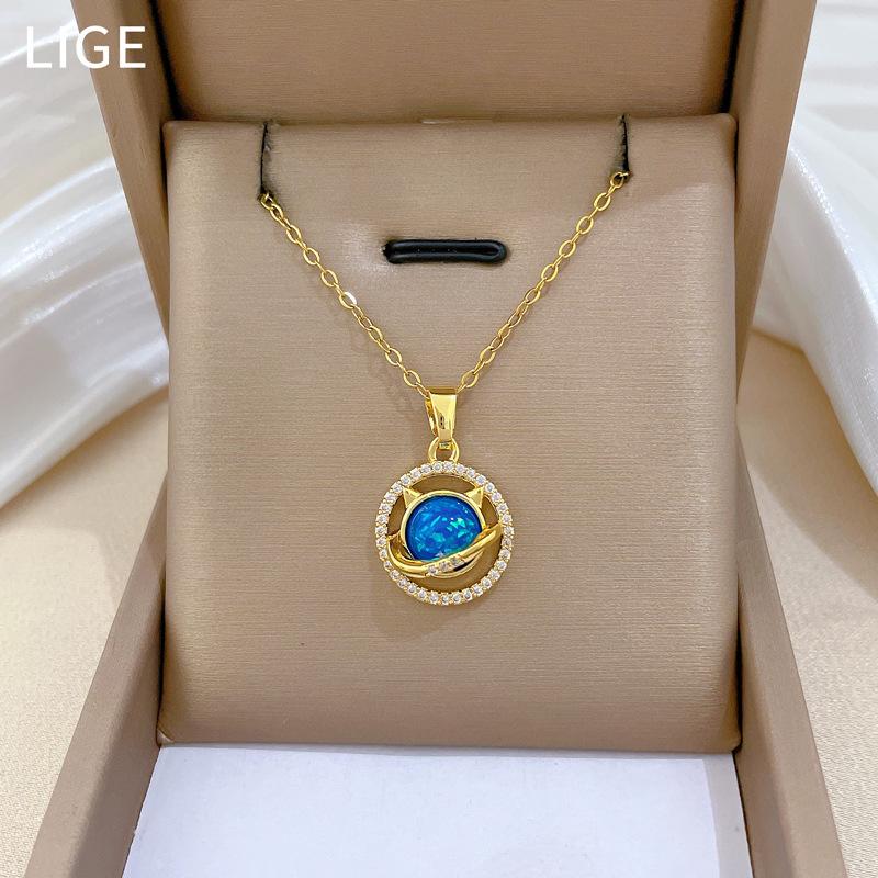 Round Cat Fashion Light Luxury Temperament Gorgeous Full Diamond Necklace Female Versatile Collarbone Chain Titanium Steel Chain