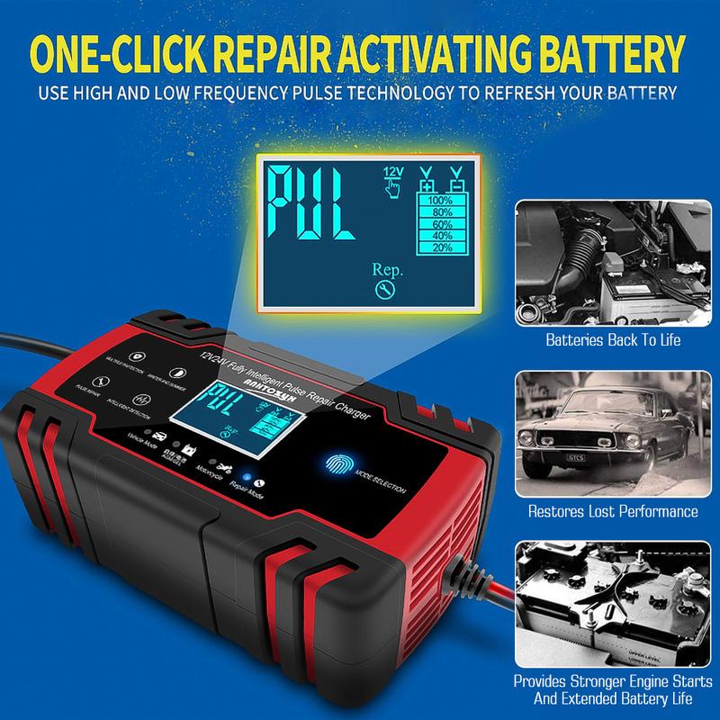12/24V Smart Pulse Repair Battery Charger Digital Display Auto Motorcycle AGM Lead Acid Battery Maintainer Multi Protection