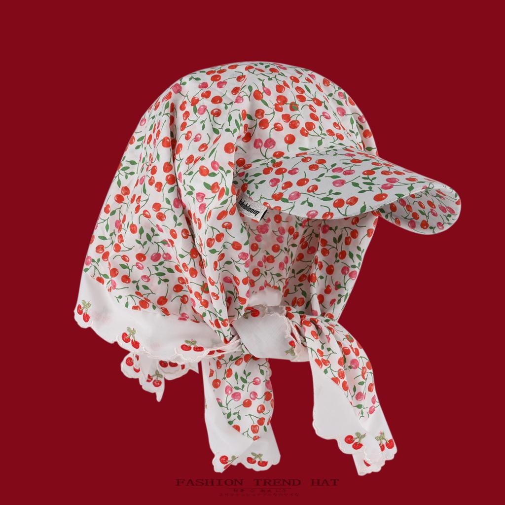 Pastoral Style Cherry Print Bandage Baseball Cap for Women Summer Thin Breathable Triangle Scarf Sun Protection Hat