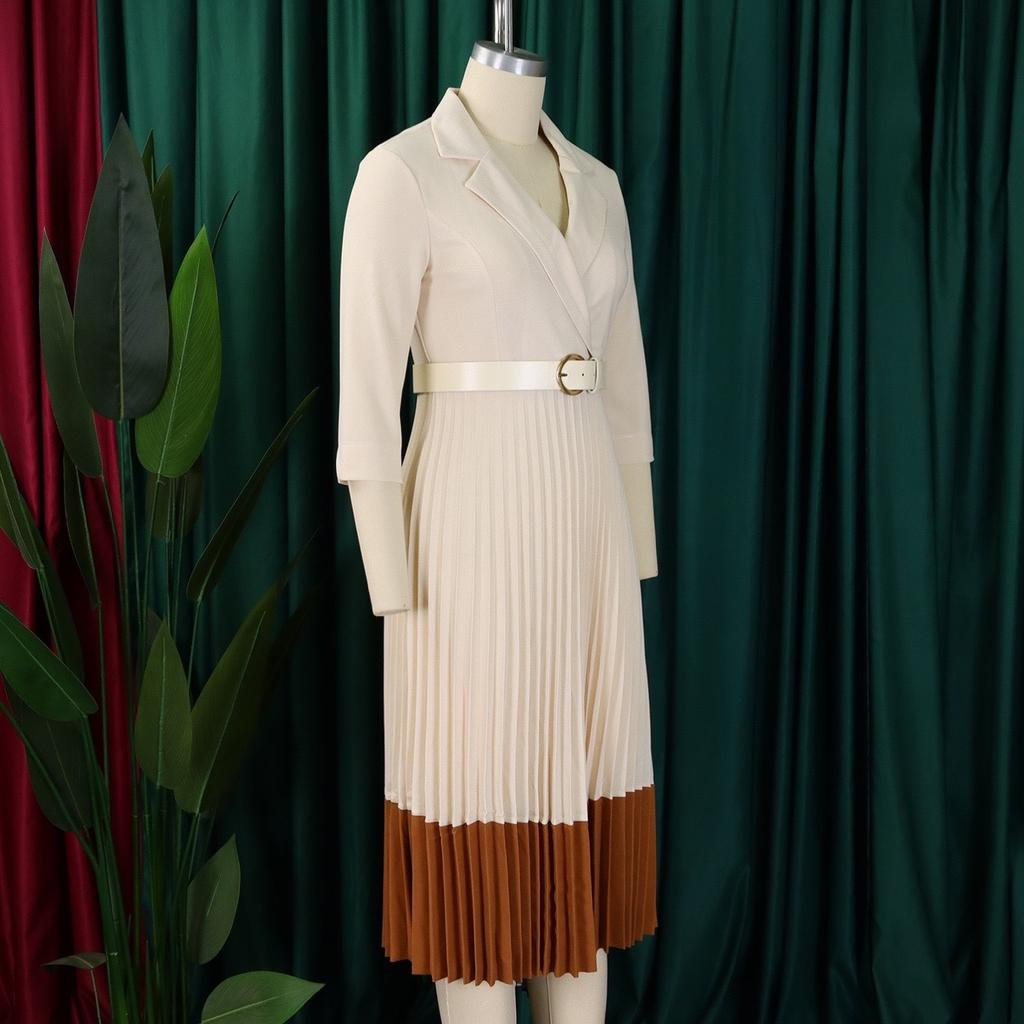 Fashion Full Sleeve Notched Neck Solid High Waist Belt Dress Women Autumn Office Lady Pleated Long Africa Midi Dresses