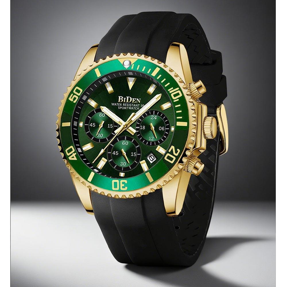 Sport Style Watch for Men Waterproof Chronograph Watch with Mineral Glass, Silicone Band Wristwatch