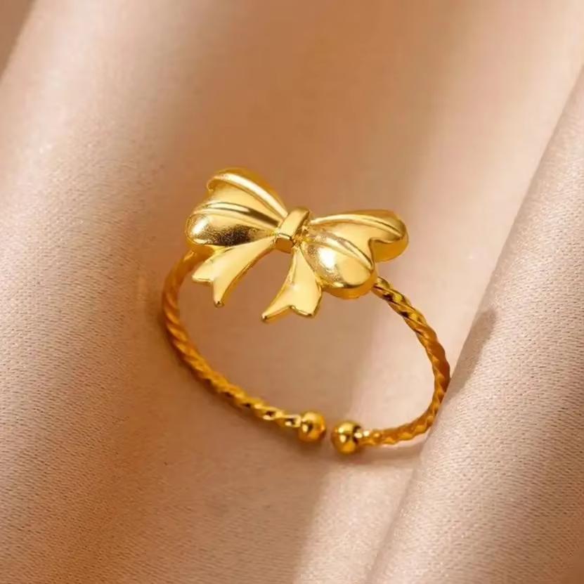 Trendy New Bow Open Rings For Women Gold Color Stainless Steel Geometric Butterfly Ring Finger Jewelry Party Daily Bague Gift
