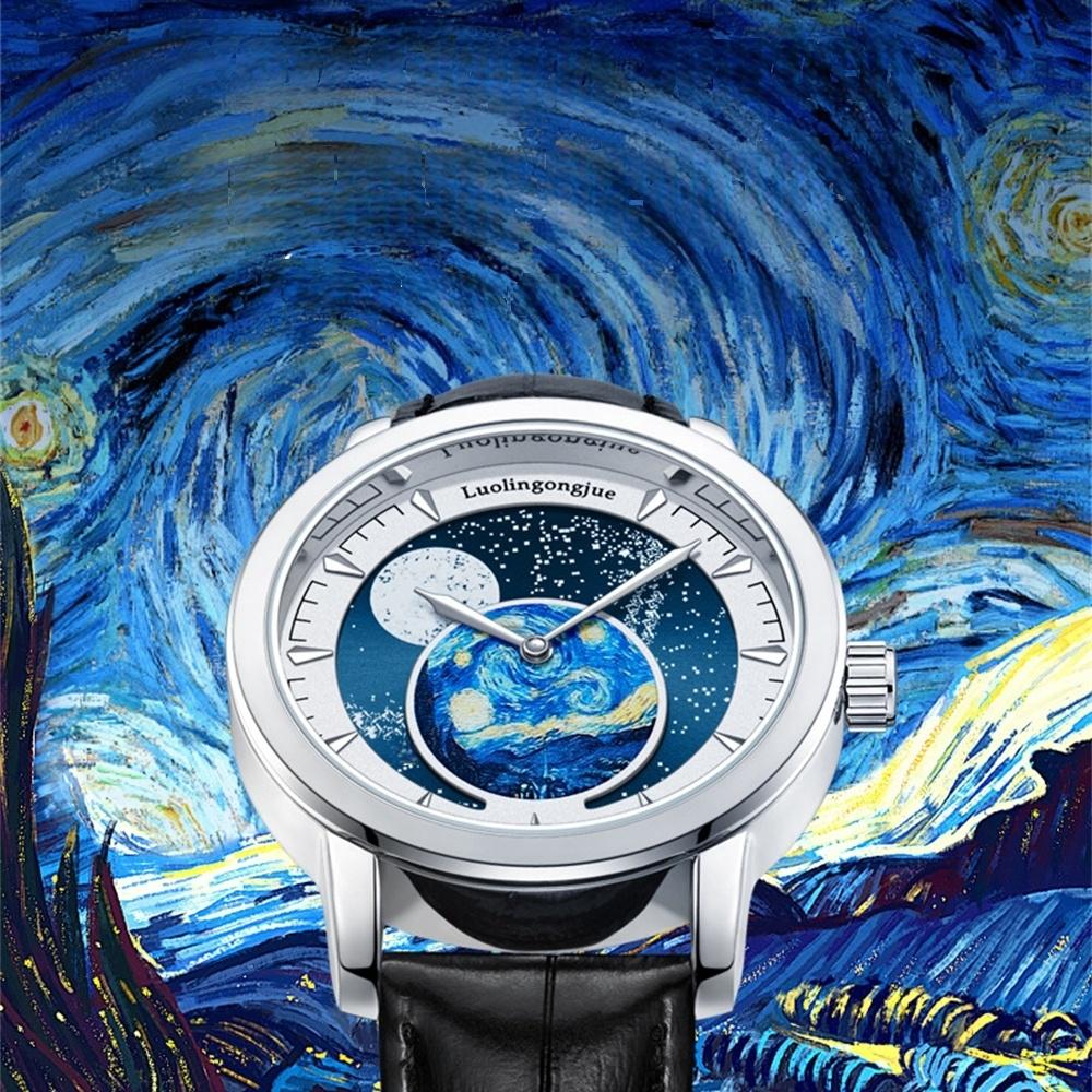 Mode Luxus Leder Automatik Leuchtende Sportuhr Herren Mondphase Sternenhimmel Kunst Zifferblatt Design Mechanische Uhr