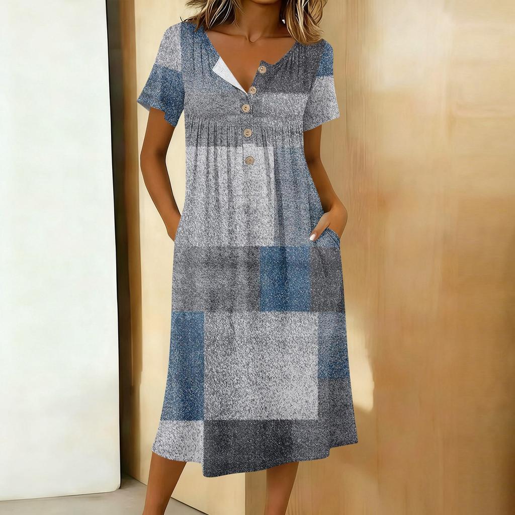 Women's Fashionable Retro Printed Round Neck Short Sleeved Button Neck Mid Length Casual Dress
