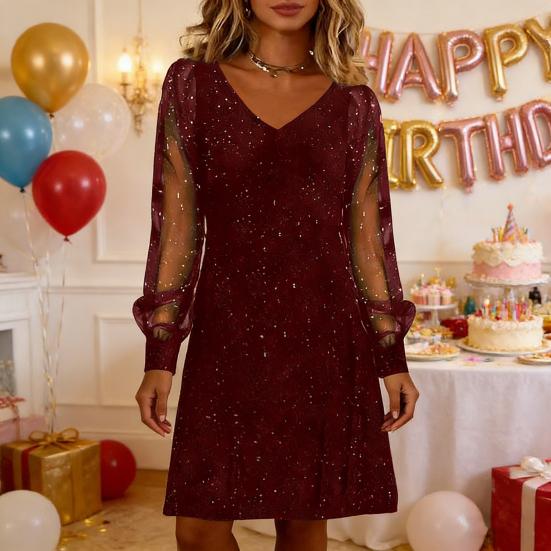 Women's Sparkly Mesh Long Sleeve Mini Dress Glitter V Neck Banquet Cocktail Party Dress Going Out Club Night Outfits