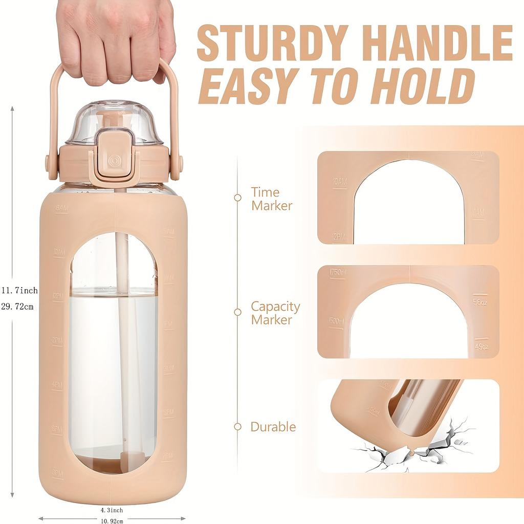 64oz Skleněné láhve na vodu se slámkou a víčkem Půlgalonová láhev na vodu s časovým značením Nepropustné skleněné láhve na vodu se silikonovým pouzdrem