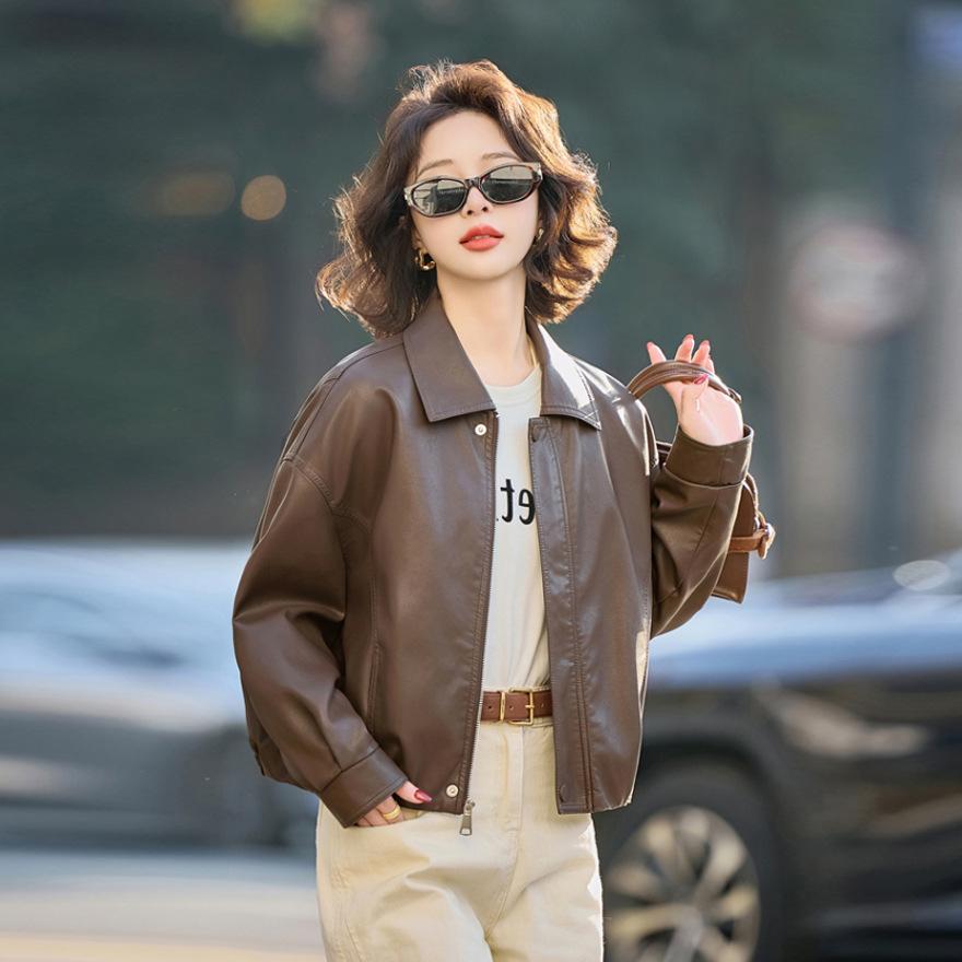 Lapel short leather jacket women's spring and autumn new loose locomotive clothing casual retro PU leather jacket top