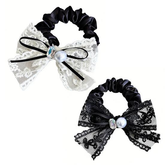 Hair Rope High Elasticity Lace Ribbon Bow Imitation Pearls Rhinestones Decor Hair Tie