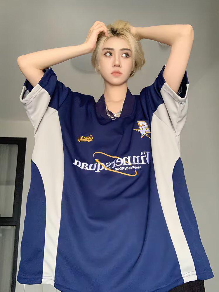 Men's American Style V-Neck Embroidered Short-Sleeve Jersey Tee - Summer Casual & Handsome