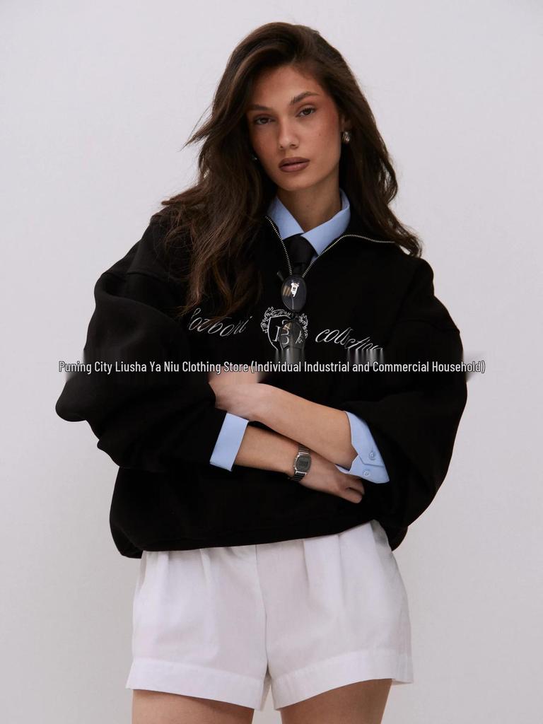 American Vintage Lapel Half-Zip Hoodie - Trendy, Slimming, and Comfortable Women's Outerwear