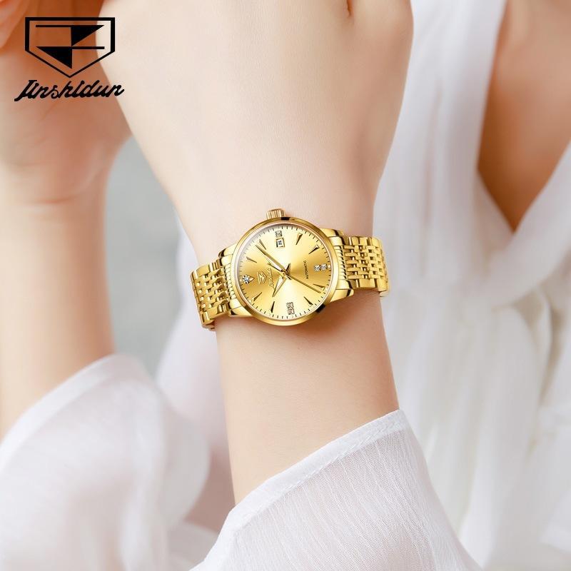 JINSHIDUN Nuevo reloj de negocios y ocio para damas Forma mecánica Calendario Luminoso con incrustaciones de diamantes Reloj impermeable de alta gama