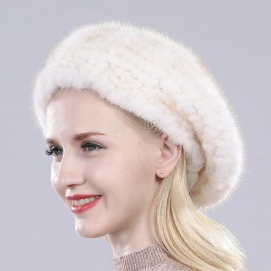 New Winter Lady Natural Mink Fur Beanies Hat Knit Warm Striped Genuine Mink Fur Caps Women Good Elastic Real Mink Fur Hat