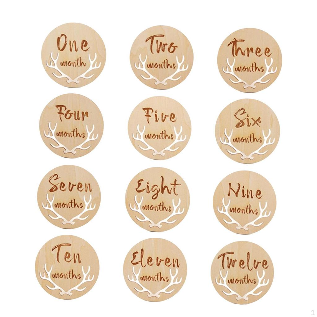 12 Pcs Beautiful Wooden Monthly Cards Newborn Photoshoot Props Growth Markers