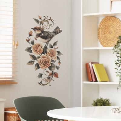Vintage Floral and Bird Wall Stickers Classic Self-Adhesive Wall Decals for Bedroom, Living Room and Hallway Home Decor