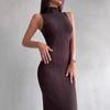 Rochie midi mov tricotată, fără mâneci, cu gât înalt, mulată pe corp