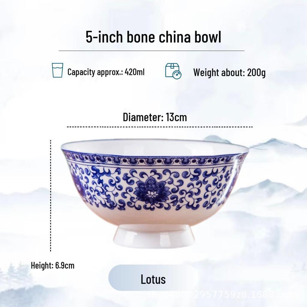 Blue and White High-Foot Bone China Noodle Bowl - Chinese-Style, Anti-Scald, Customizable for Birthdays