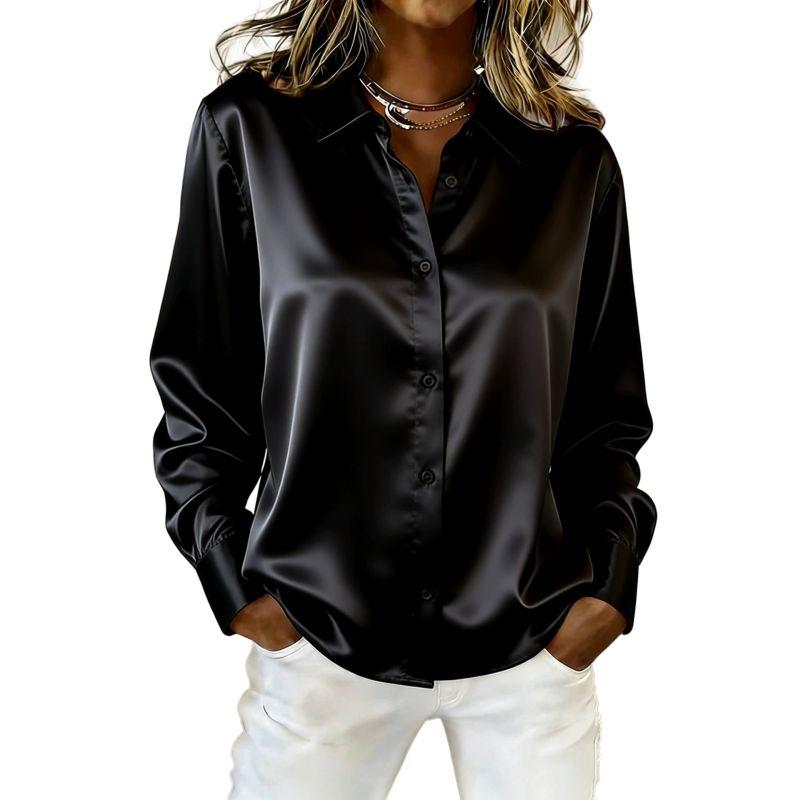 Women's Solid-Color Satin Long-Sleeve Button-Down Shirt