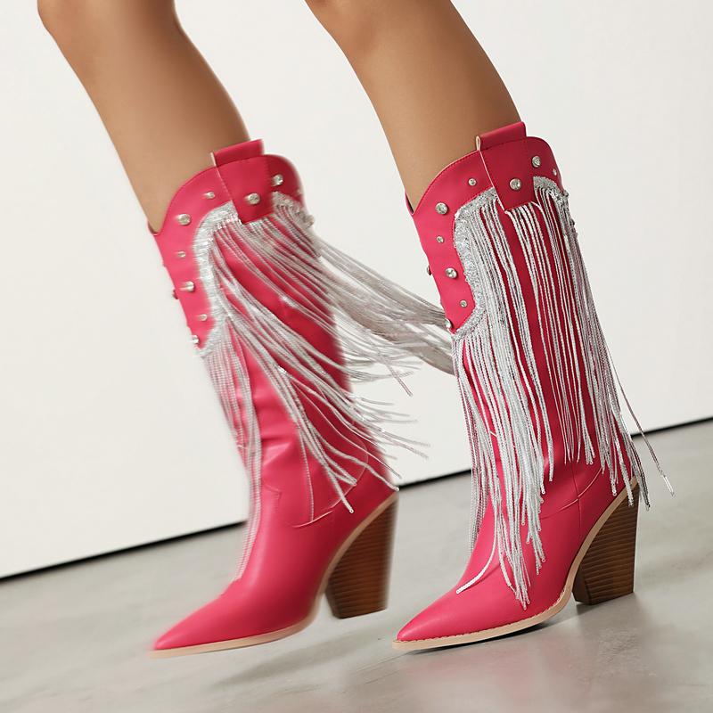 Fashion Ivory Rose Color Pointed Toe Western Cowboy Boots with Sequins Fringes Chunky High Heels Knee-high Glitter Mid-calf Boot Shoes
