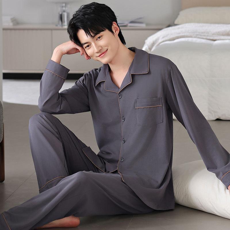 Pure Cotton Pajamas Men'S Spring And Autumn Cotton Long-Sleeved Suit Simple Large Size Can Be Worn Outside Loungewear Men