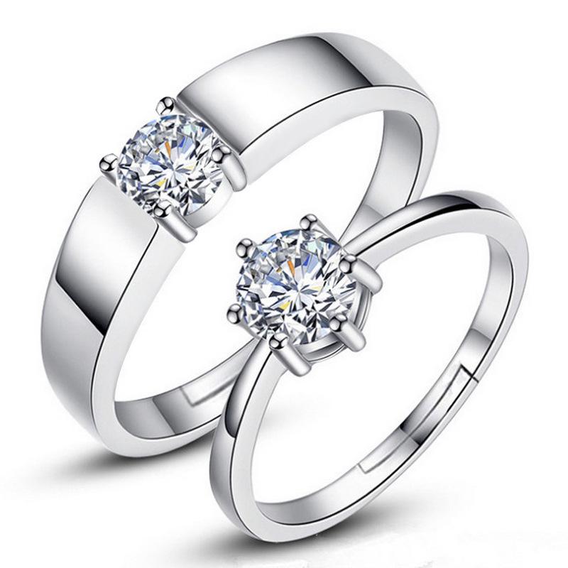 European & American Silver-Plated Zircon Wedding Rings - Korean Style Open Couple Rings for Women