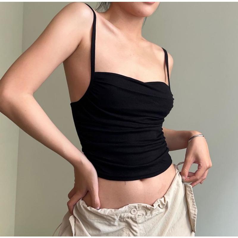 Fashionable Simple Sexy Off Shoulder Pleated Camisole Women's Summer Slim Midriff Baring Short Top