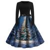 Women's Fashion Round Casual Slim Fit Christmas Print Large Swing Long Sleeve Dress