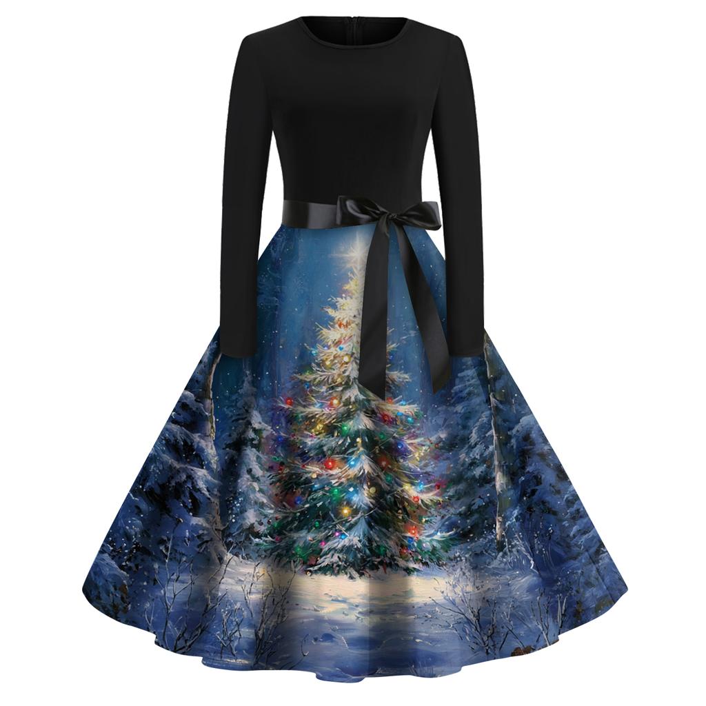 Women's Fashion Round Casual Slim Fit Christmas Print Large Swing Long Sleeve Dress