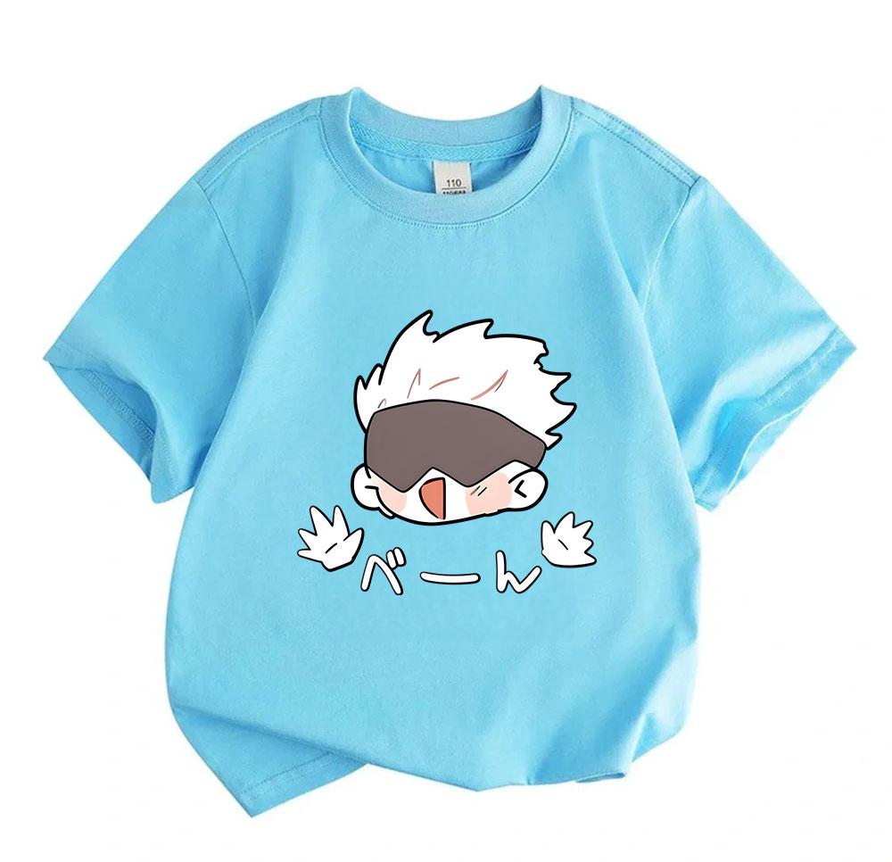 Kids Boys Girls 100% Cotton Crew Neck Short Sleeve T-Shirt, Cute Jujutsu Kaisen Satoru Gojo Cartoon Print Casual Soft Breathable Summer Top for Daily