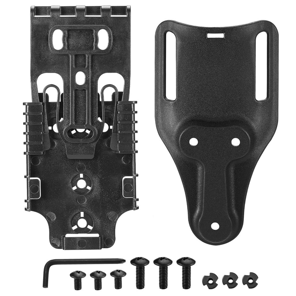 Taktisches QLS-Schnellverriegelungssystem-Kit mit mittiger Gürtelschlaufenplattform zur Befestigung an Dienstholstern mit Verriegelungsgabel-Empfängerplatte