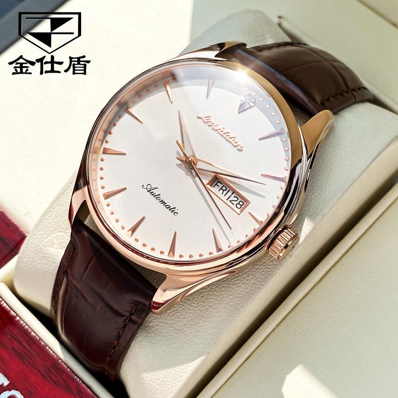 JINSHIDUN Markenuhr Automatische mechanische Uhr Doppelkalenderuhr Modetrend Herrenuhr Herrenuhr