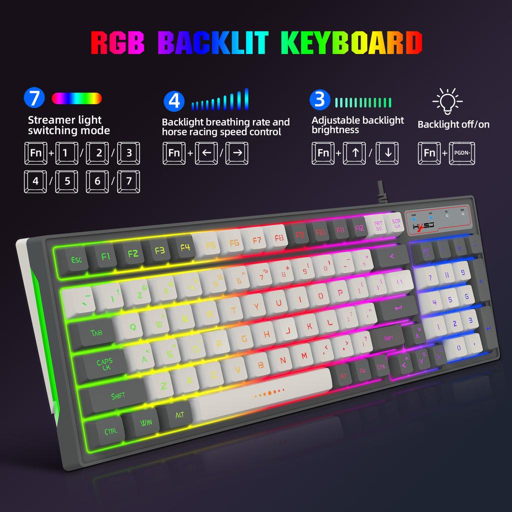 HXSJ V600B For Gaming 96 Keys Wired Keyboard RGB Backlit Mechanical Feel Membrane Keyboard