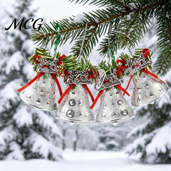 Durable Plastic Base Bell Christmas Ornament with Red Ribbon Bow, Small Jingle Thickened Electroplated Tree Hanging Decoration for Tree, Garland,