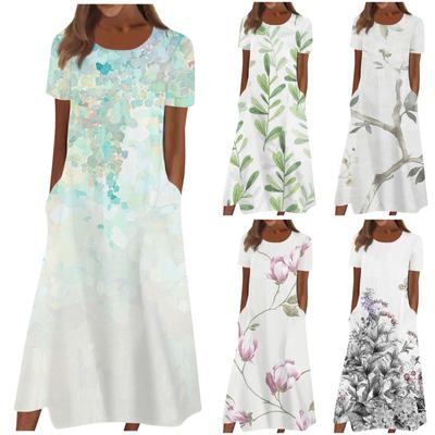 Women's Summer Casual Fashion Floral Print Short Sleeve Round Neck Pocket Dress