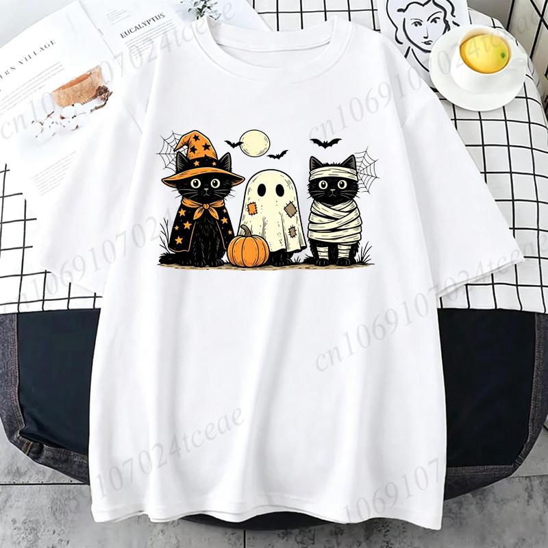 Black Cat Pumpkin Tshirt Ghots Gothic Fall Cat T Shirt Halloween Spooky Season T-shirt Horror Party T-Shirts Unisex Short Sleeve