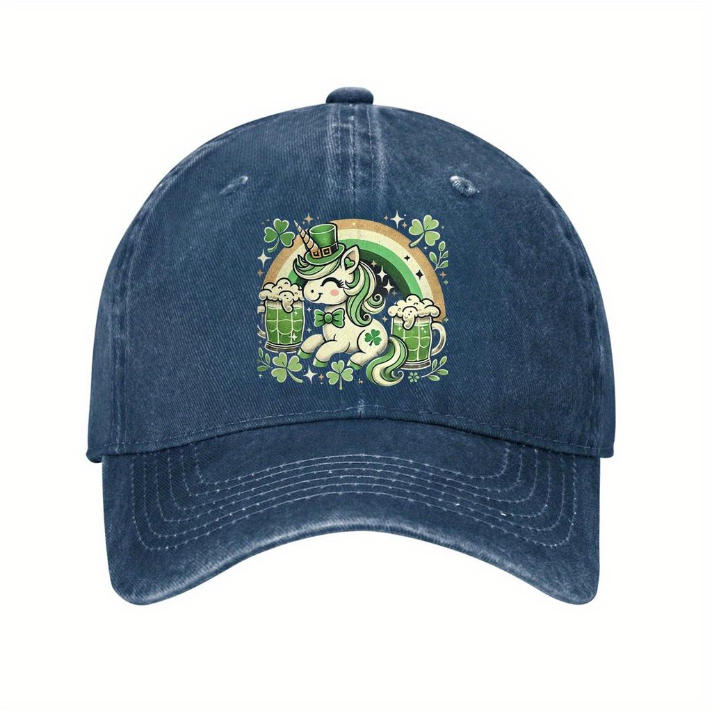 St Patrick Unicorn Baseball Cap Festive Beer Rainbow Distressed Denim Adjustable Hat for Men Women
