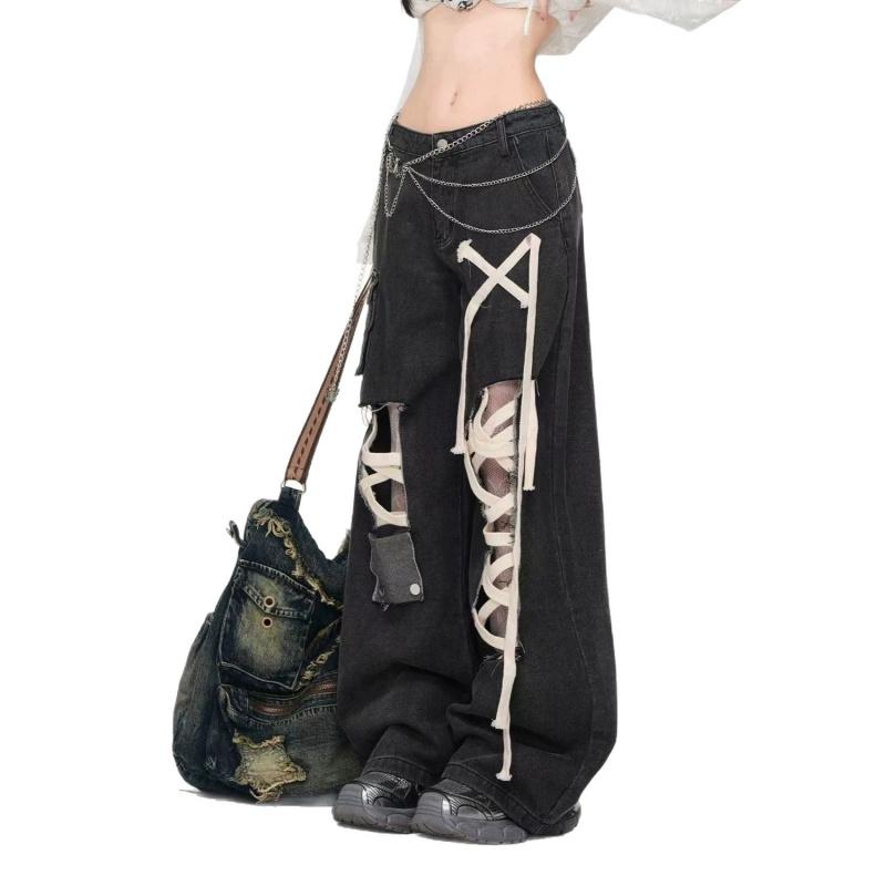 Women's New High-Waisted Wide-Leg Pants Punk Black Strap Distressed Ripped Jeans