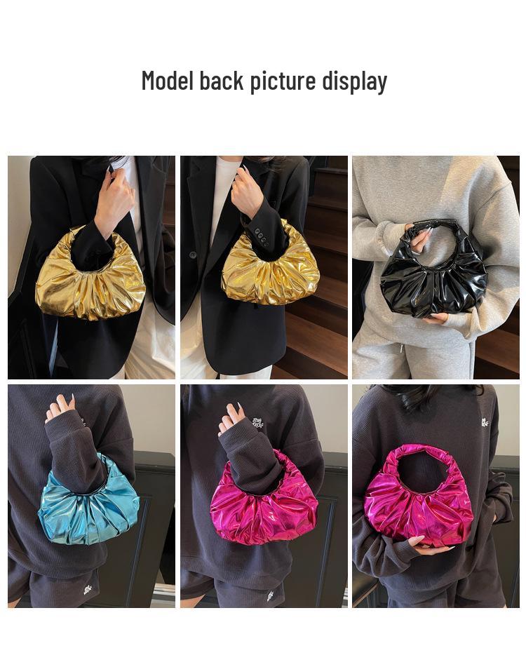 Women's Glossy Metal PU Cloud Handbag with Pleated Design - European & American Style