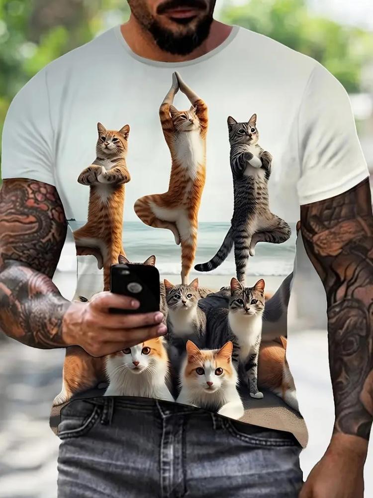 Men T-Shirt Digital Cat Doing Print Summer Round Neck Funny Taekwondo Graphic T Shirts Street Short Sleeve Tee Men's Clothing