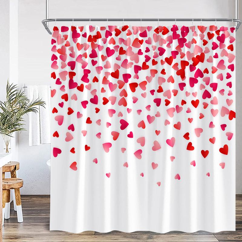 Valentine'S Day Shower Curtain Red Heart Rose Flowers Bicycle Petals Lovers Gift Fabric Home Bathroom Curtains Decor With Hooks