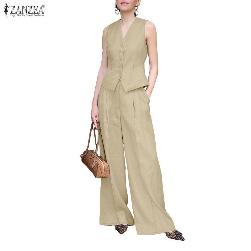 ZANZEA Women Sleeveless Vest Tops and Pants Summer Two Piece Suit Sets