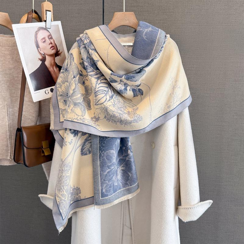 Autumn New Plant and Flower Imitation Cashmere Jacquard Scarf Women's Simple and Versatile Thickened Warm Scarf Shawl