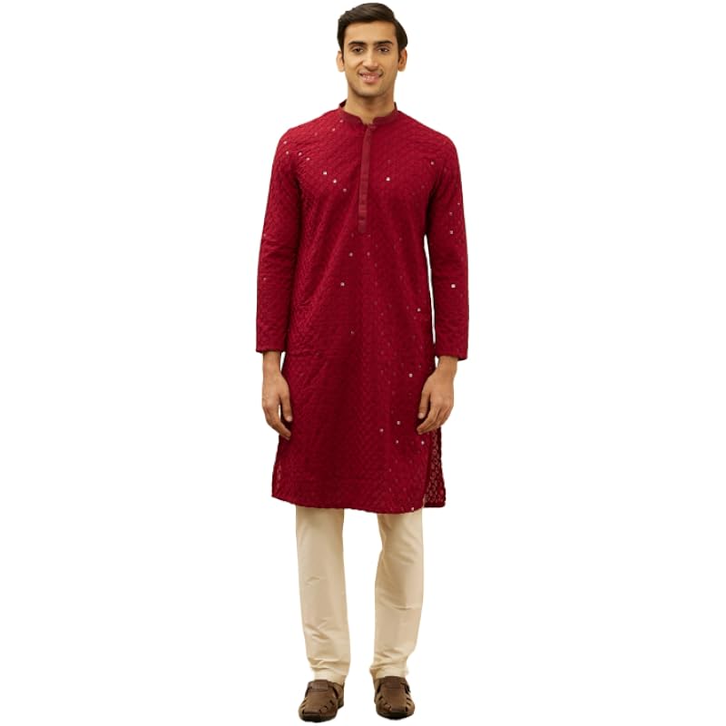 Manyavar Mens Maroon Blended Cotton CHIKANKARI Kurta Pyjama Set