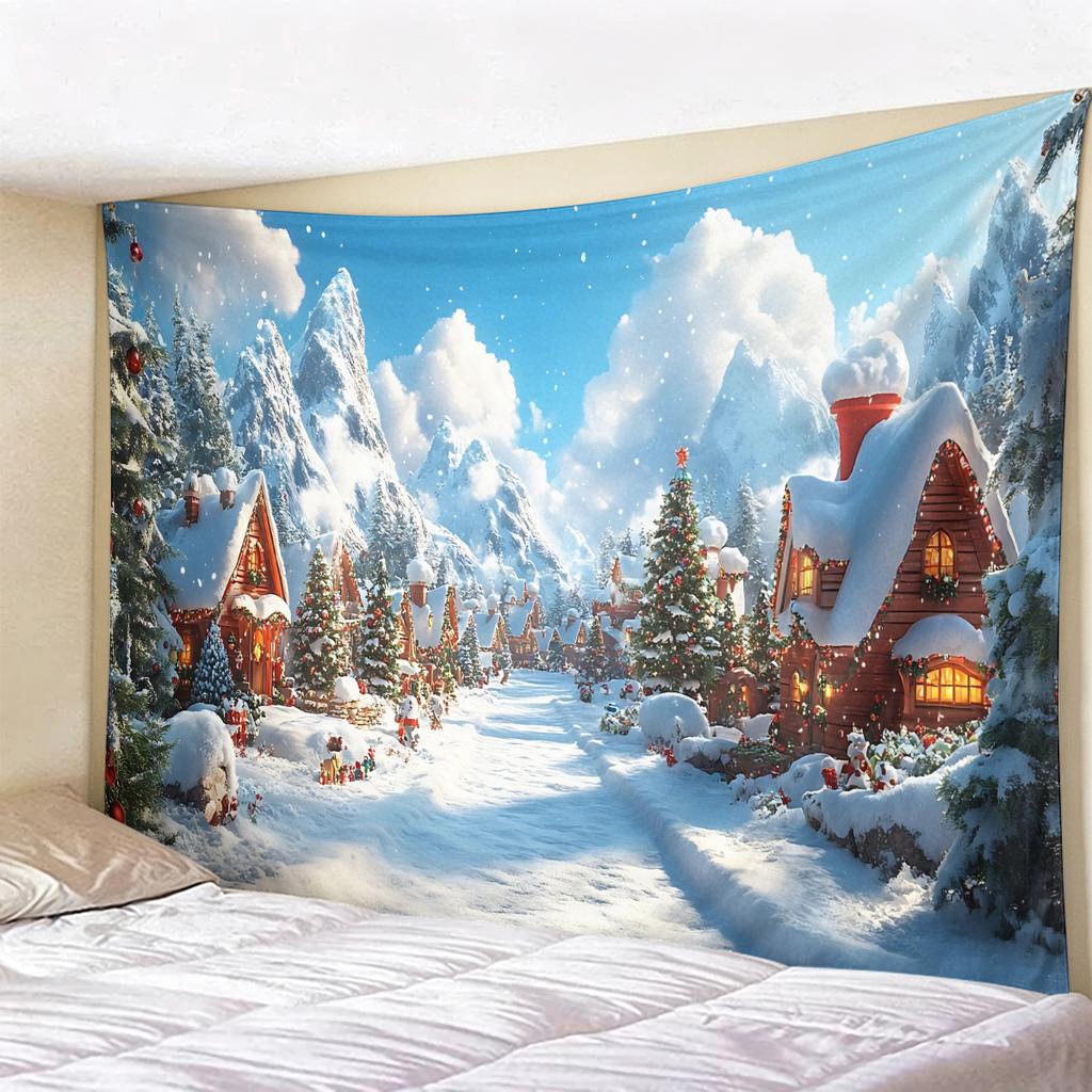 Christmas Tapestry Winter Snow Scene Wall Hanging, Holiday Decor for Bedroom Living Room, Cozy Festive Backdrop for Xmas