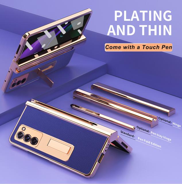 Plating Hinge Protector Case For Samsung Galaxy Z Fold 2 5g Leather Case With Touch Pen Magnetic Holder Front Screen Glass Film