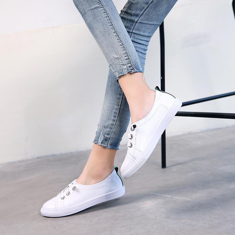Women's White Genuine Leather Flats - 2023 Korean Style. Versatile, Trendy, Plus Size Casual Shoes for Spring/Summer.