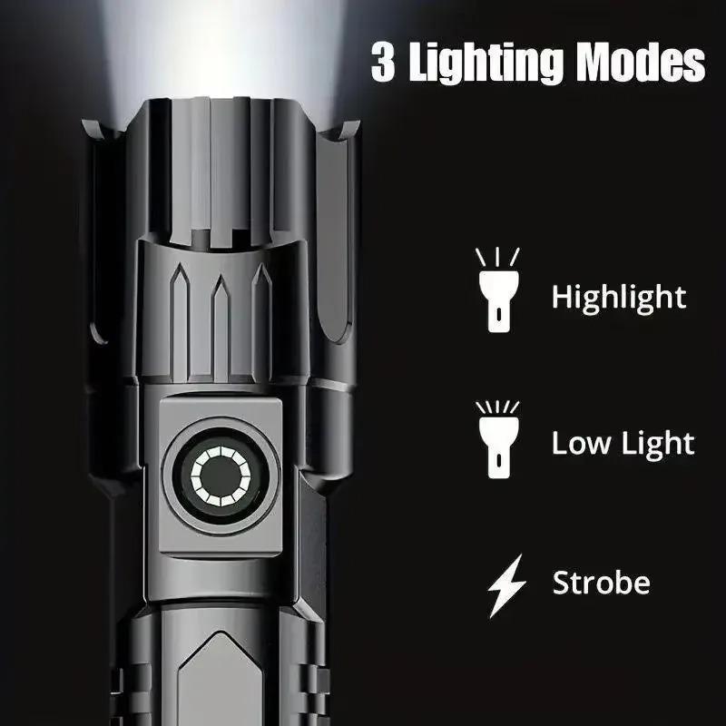 Powerful LED Flashlight Zoom ABS Torch Built-in Battery USB Rechargeable Waterproof Lamp Bright Lantern 3 Lighting Modes